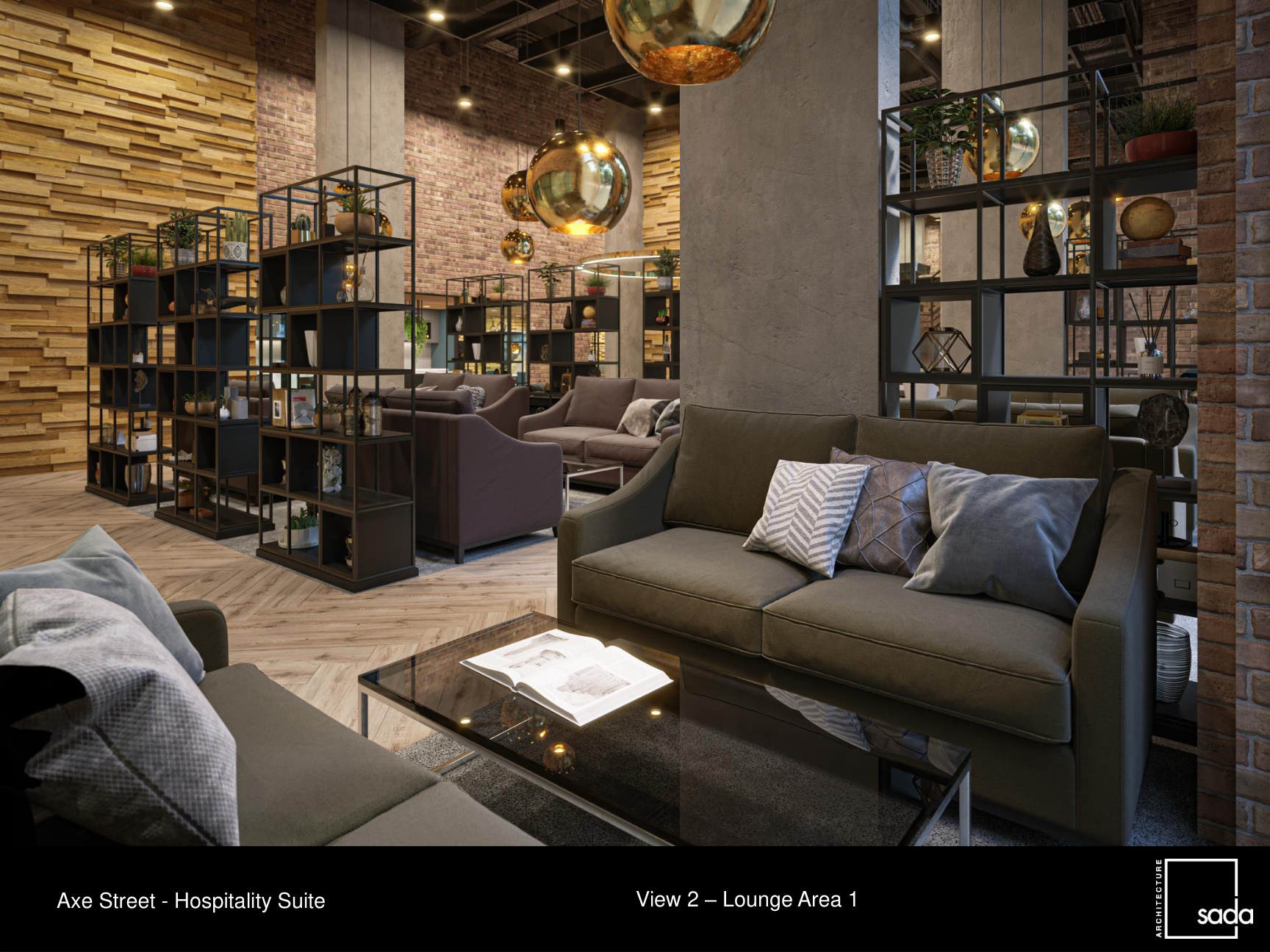 Resident lounge with timber wall finishes and brass pendants